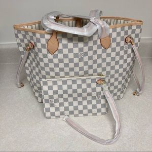 NEW Designer Inspired Grey White Checkered Tote Bag w/ Hang Purse